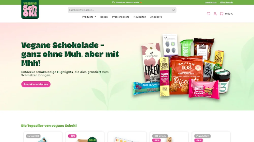 Desktop-Startseite des Shopware-Shops Vegane Schoki
