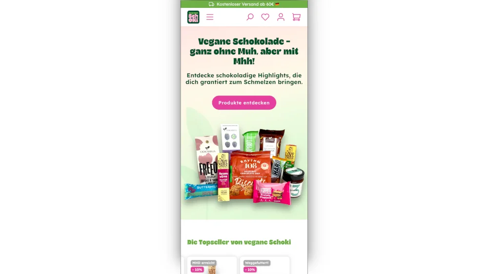Mobile Startseite des Shopware-Shops Vegane Schoki